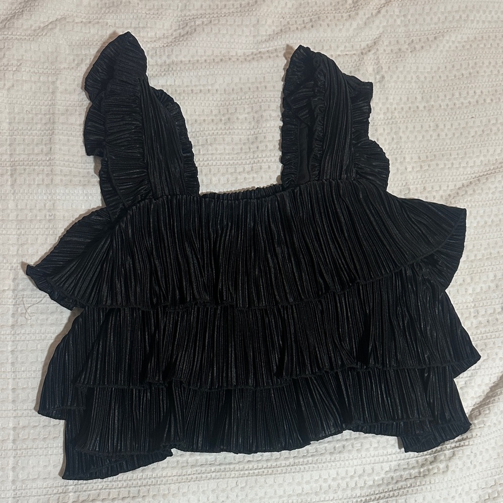 Black Shiny Ruffled Women's Top